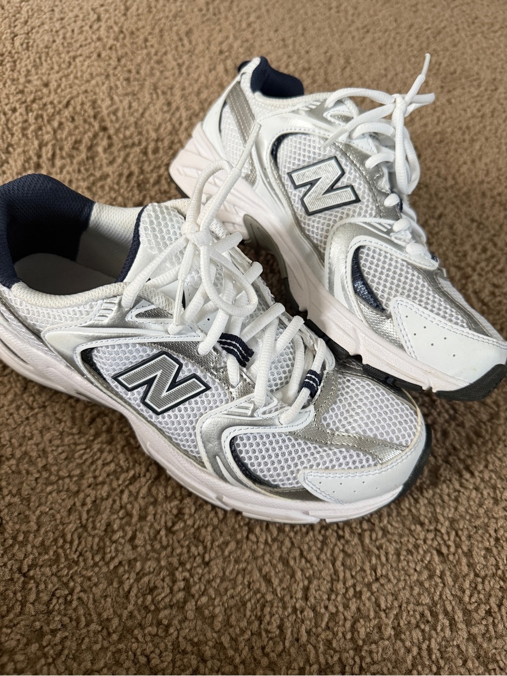 New Balance White and Navy Mesh Athletic Sneakers